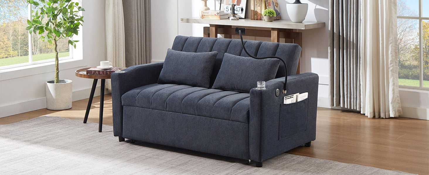 Dark grey upholstered convertible sofa bed with builtin cup holder USB port and magazine pockets