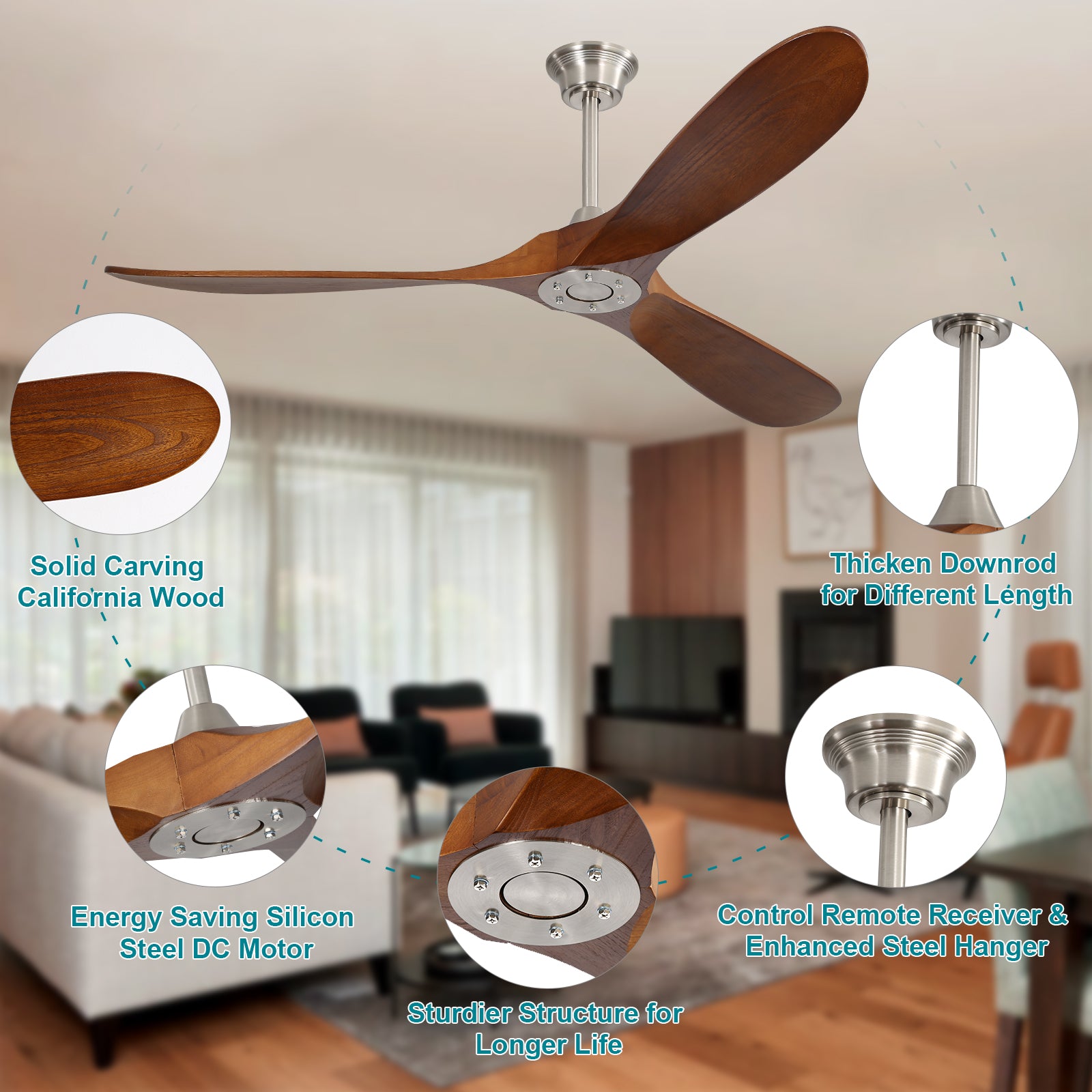 Modern wood blade ceiling fan with brushed nickel finish energyefficient DC motor