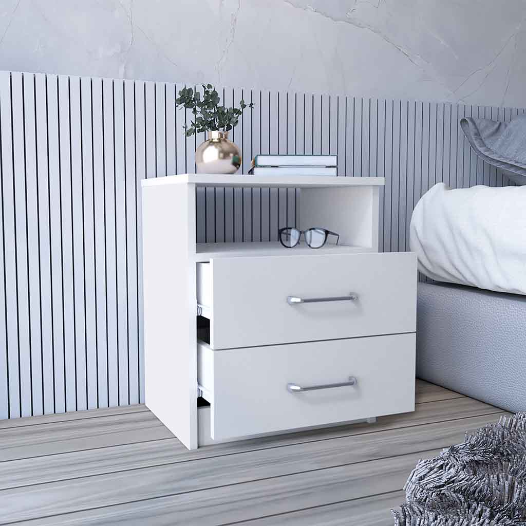 Modern white nightstand with two drawers and open shelf