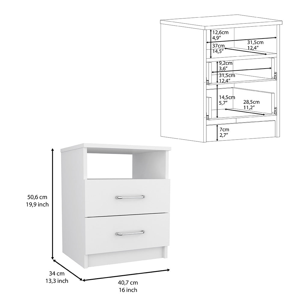 White twodrawer nightstand with open shelf and chrome handles