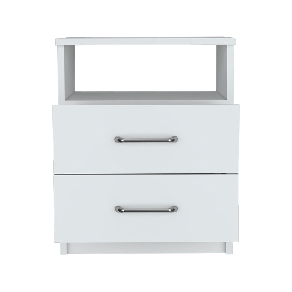 White modern nightstand with two drawers and open shelf