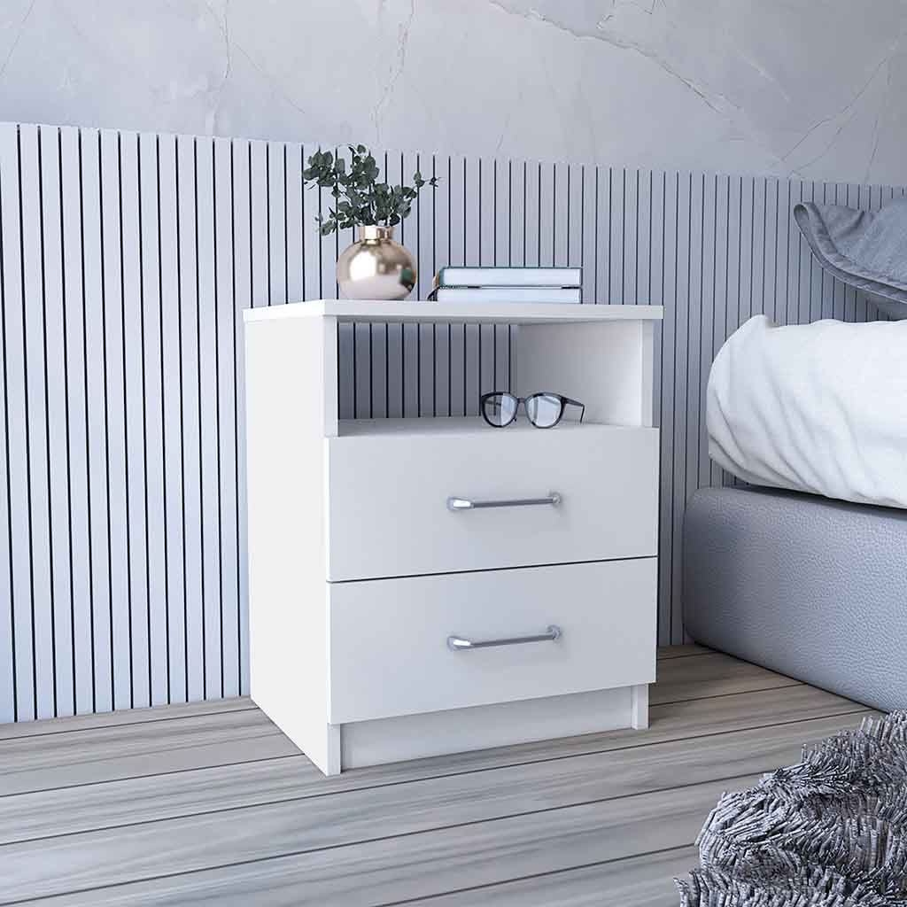 White modern nightstand with two drawers and open shelf