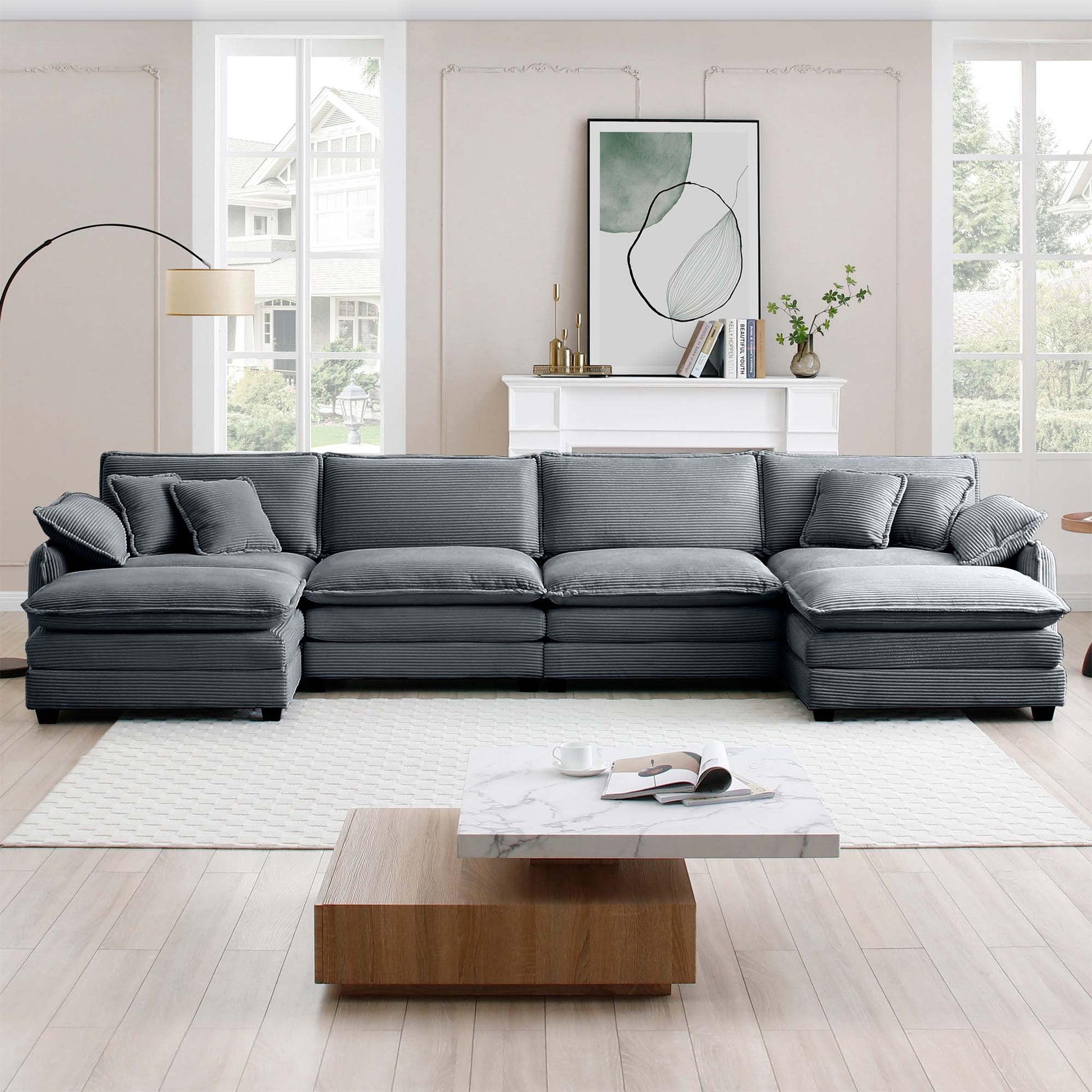 Grey corduroy sectional sofa with plush cushions perfect for modern living rooms
