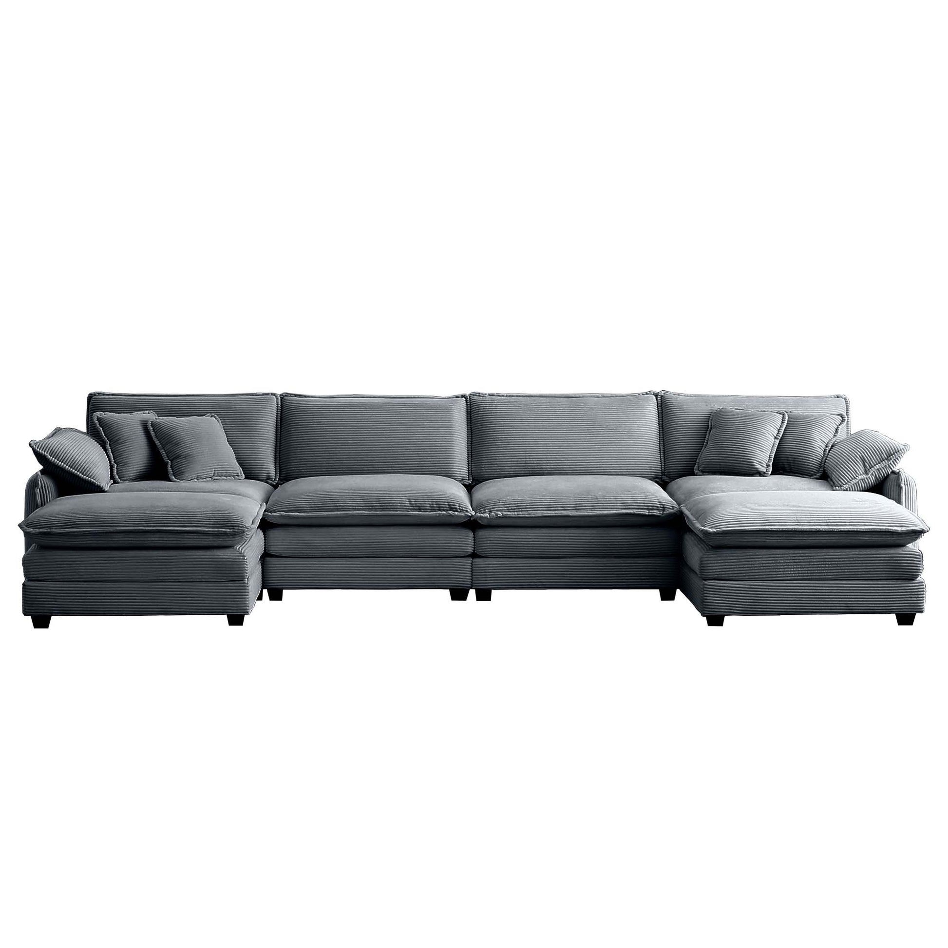 Contemporary grey corduroy sectional sofa with chaise and throw pillows