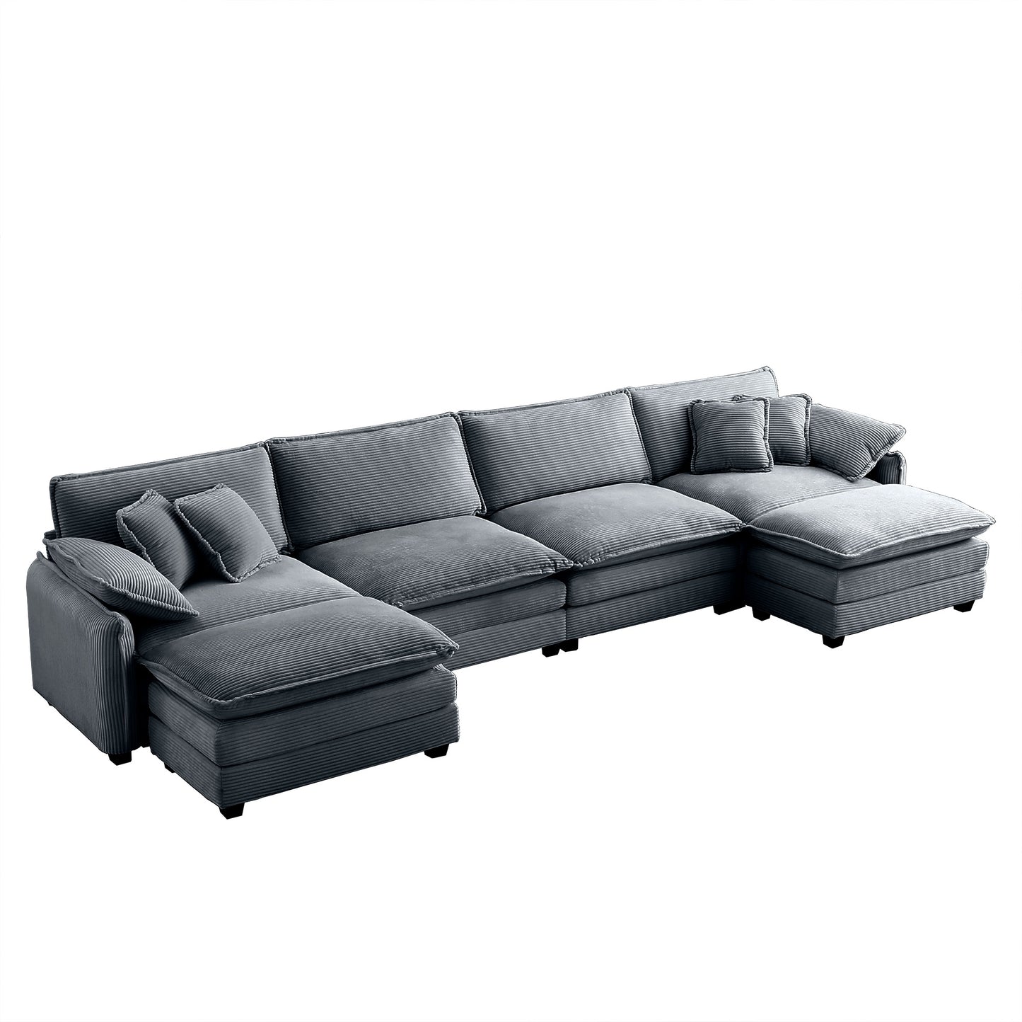 Gray corduroy sectional sofa with chaise and matching pillows perfect for living rooms