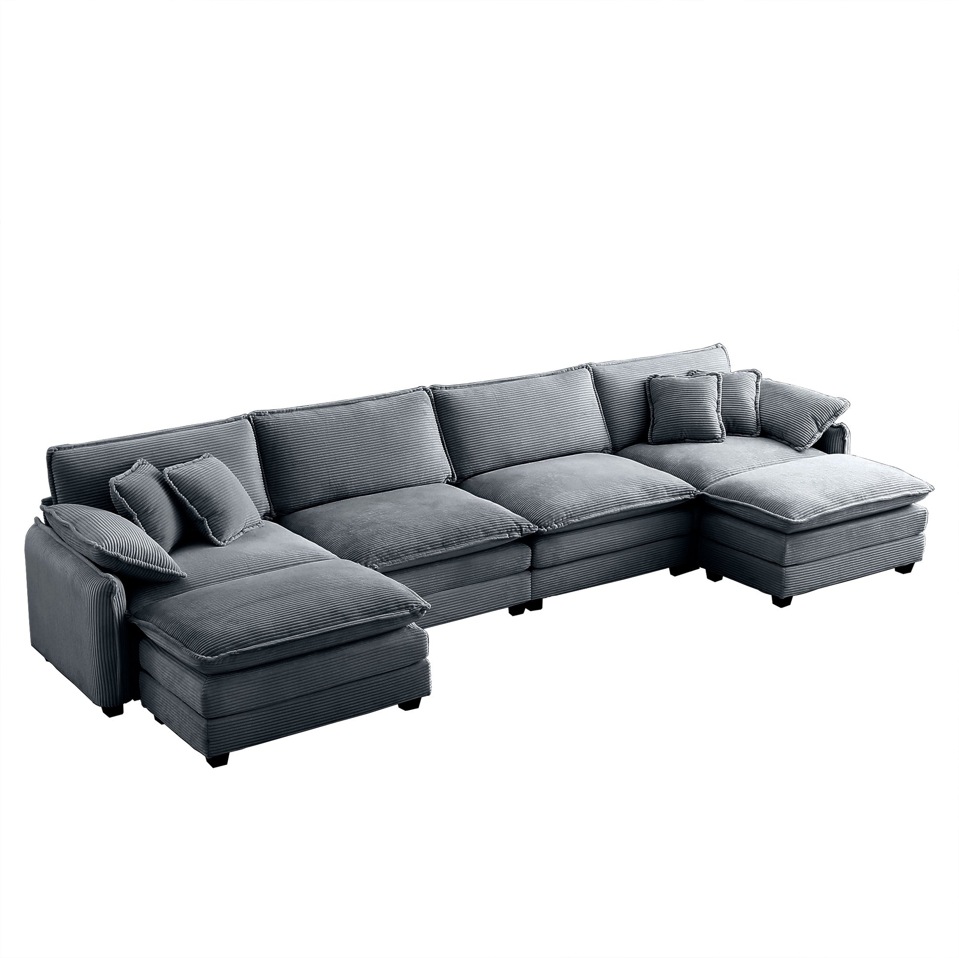 Gray corduroy sectional sofa with chaise and matching pillows perfect for living rooms