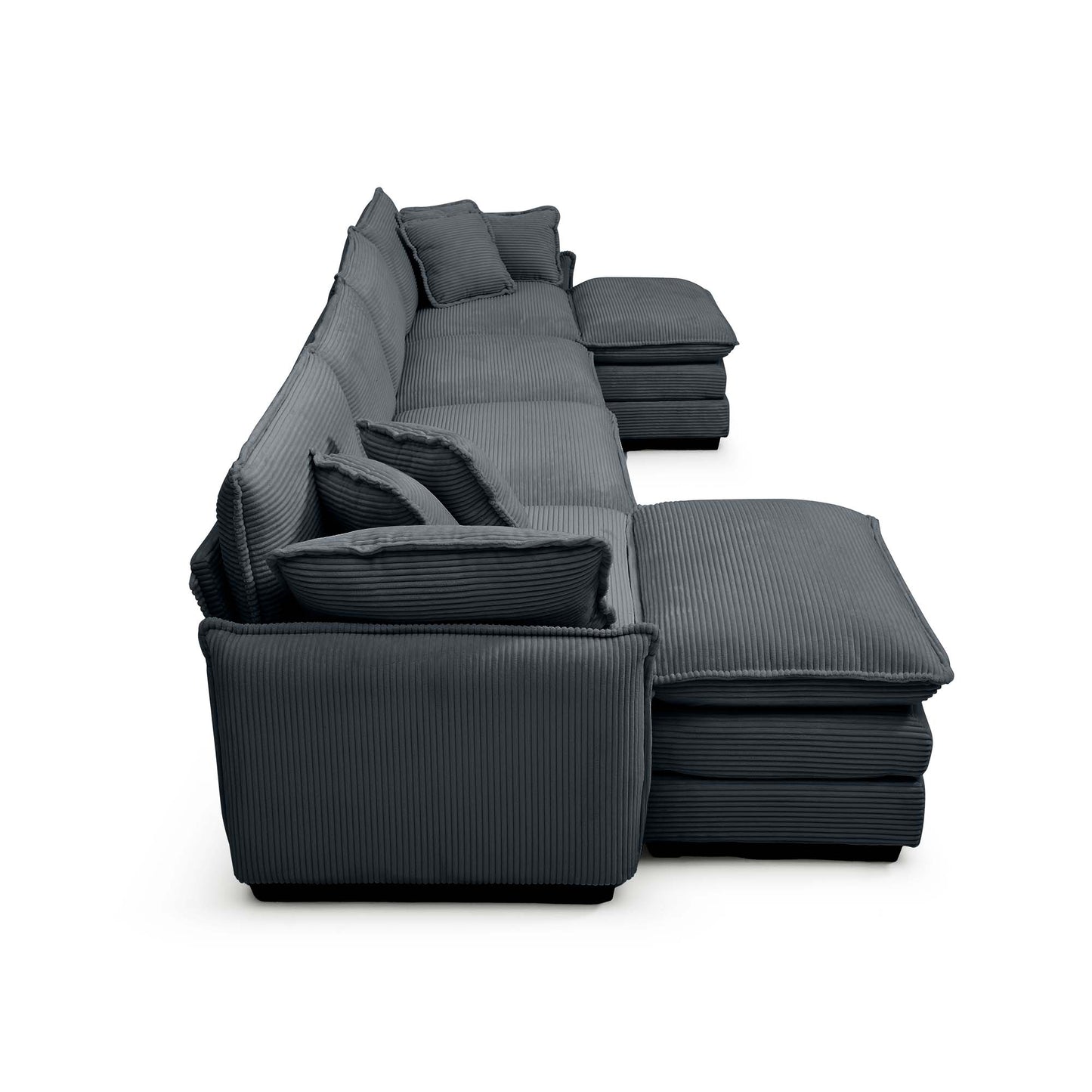 Dark gray corduroy sectional sofa with plush cushions and an ottoman perfect for modern living rooms
