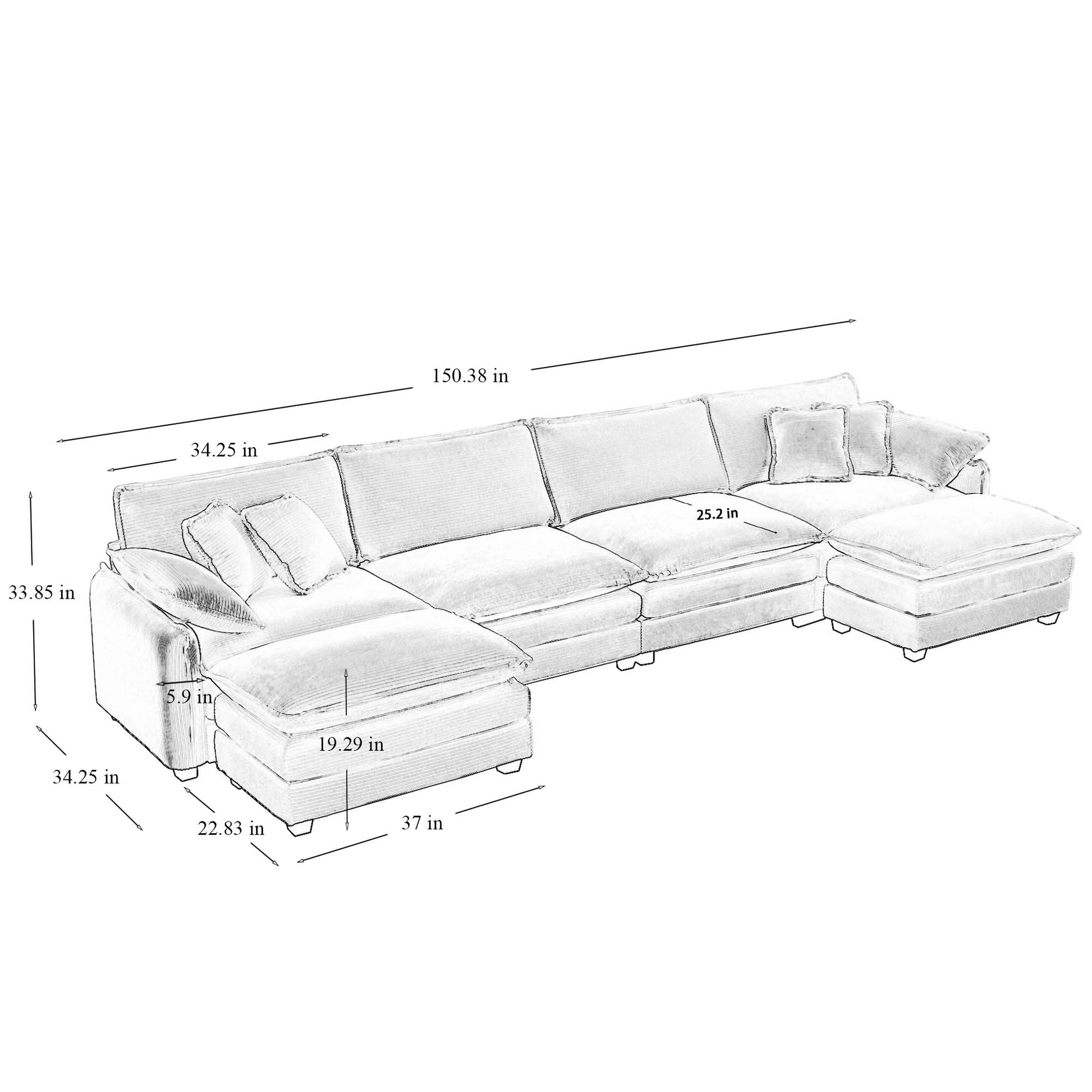 Diagram of a large Ushaped sectional sofa with dimensions labeled