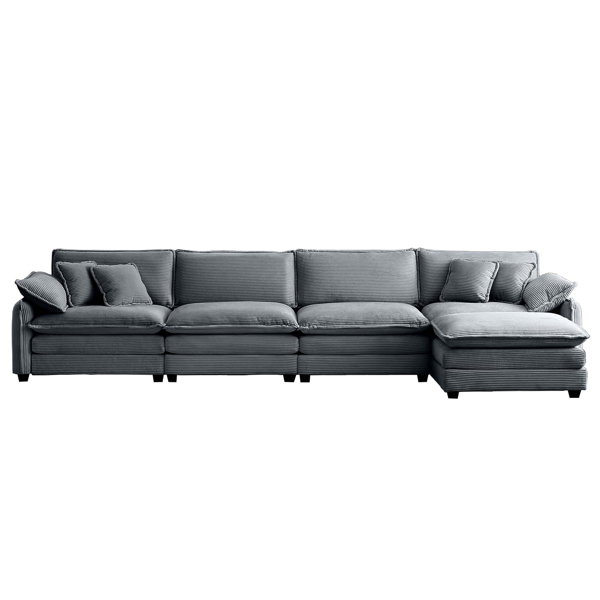 Modern grey corduroy sectional sofa with plush cushions for comfortable living room seating