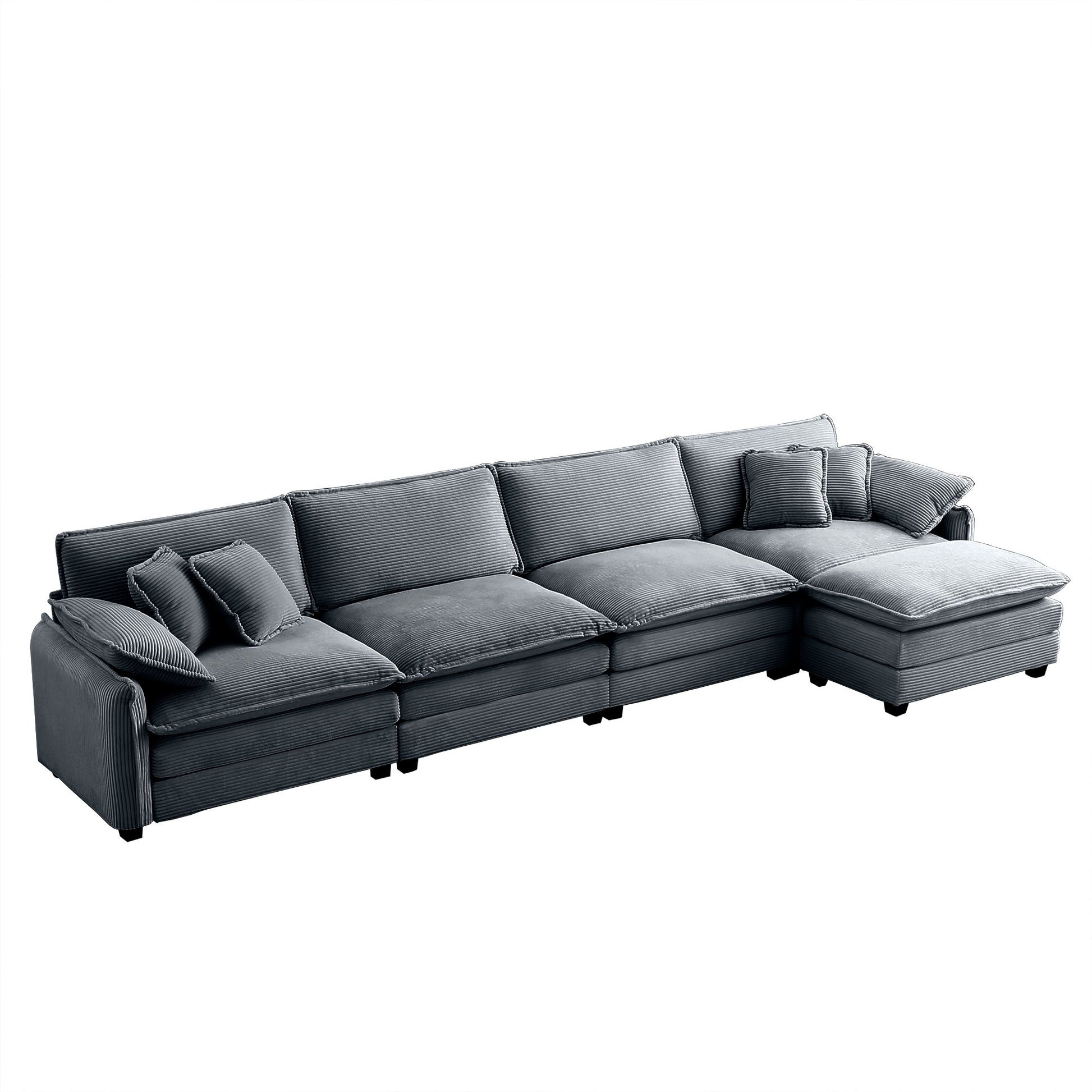 Gray corduroy sectional sofa with chaise lounge and accent pillows
