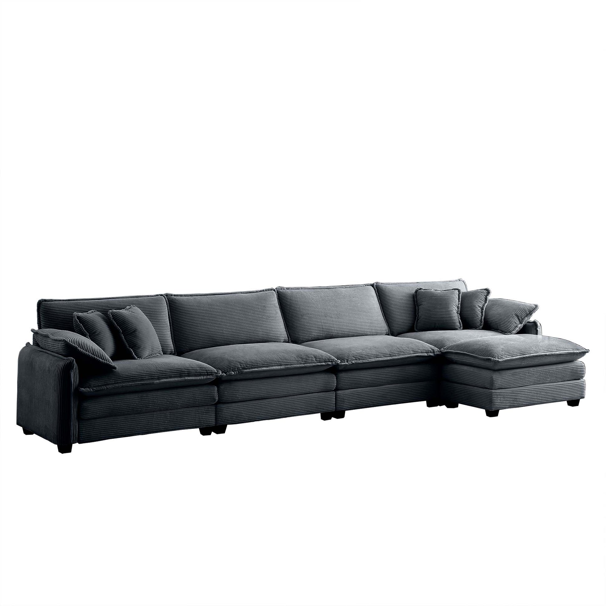 Dark grey corduroy sectional sofa with plush cushions and chaise lounge