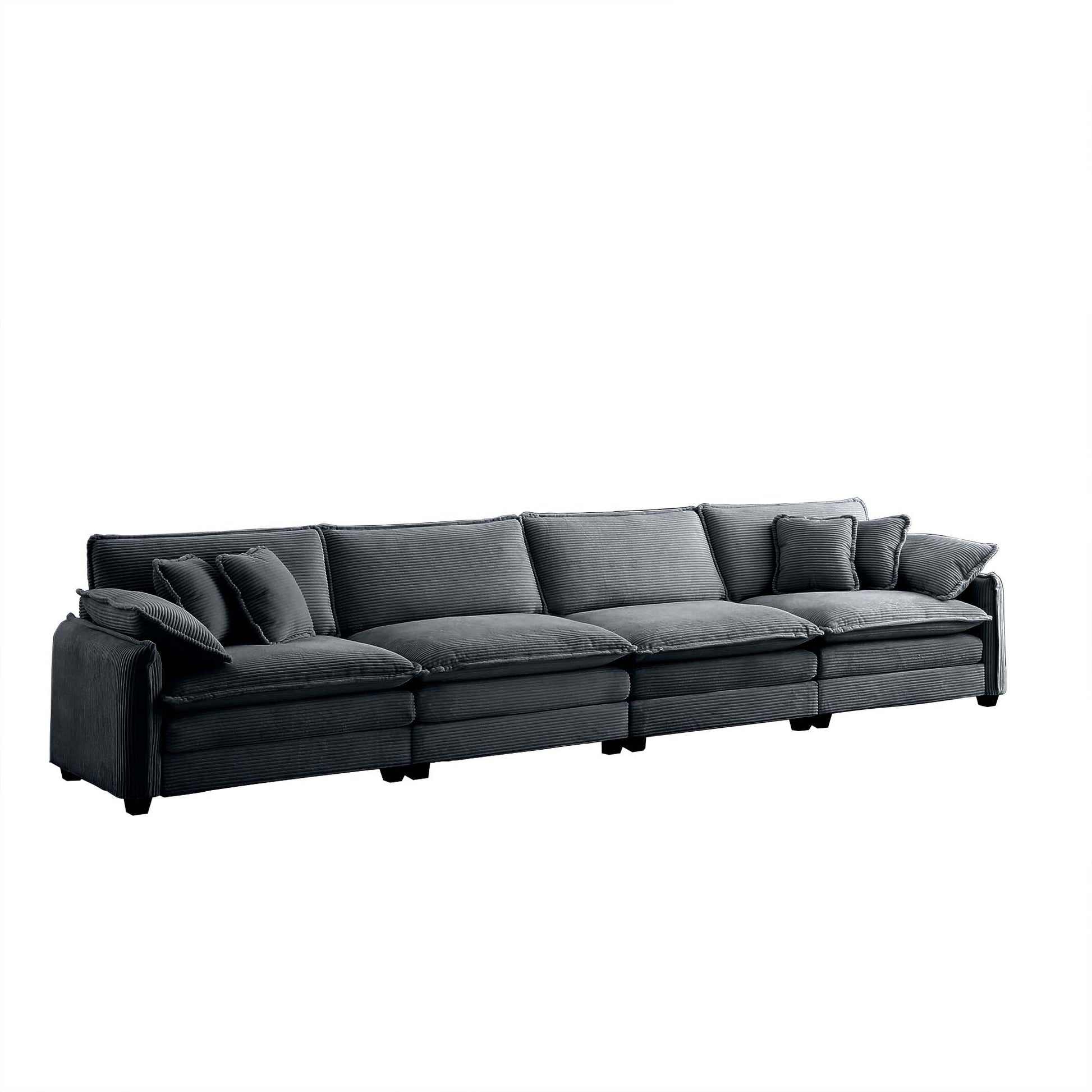 Dark grey corduroy sectional sofa with plush cushions and modern design