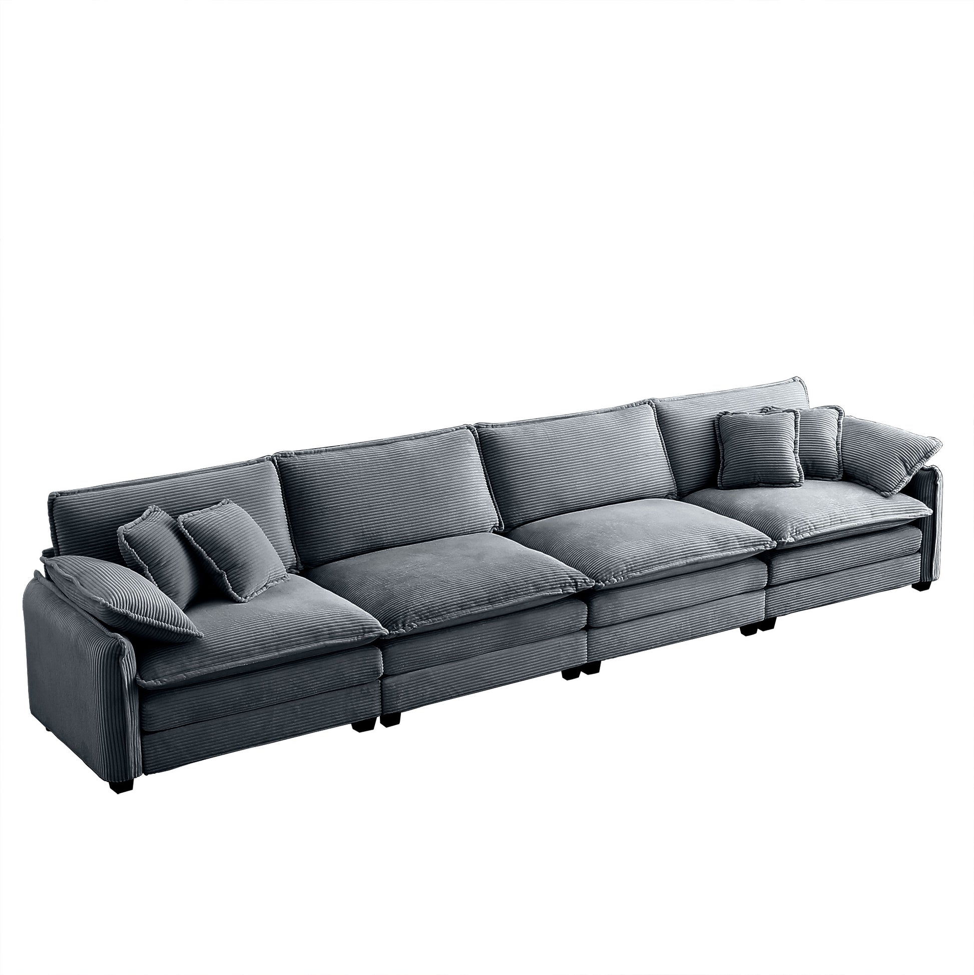 Dark gray corduroy sectional sofa with plush cushions and throw pillows