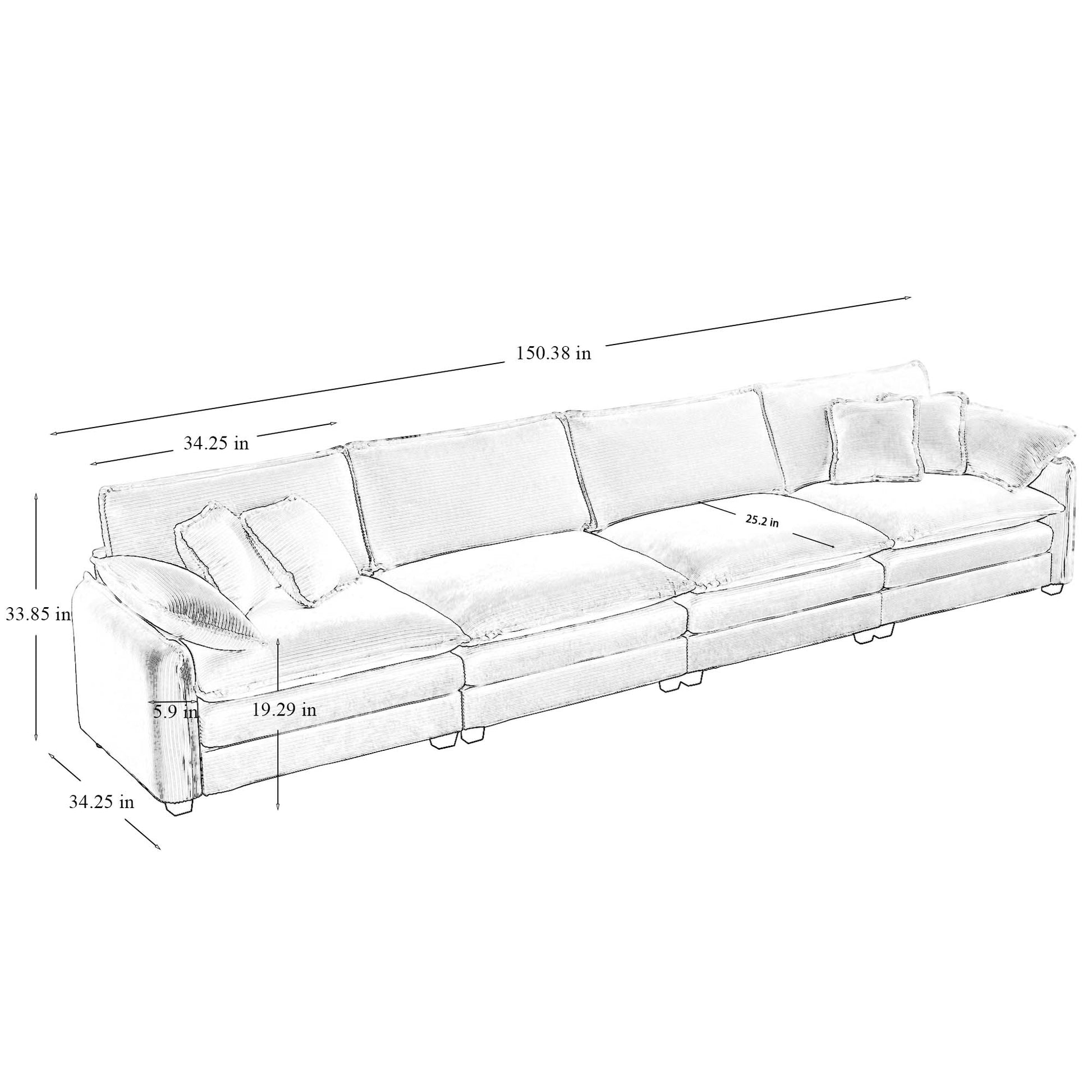 Line drawing of a plush modular sectional sofa with textured cushions and throw pillows