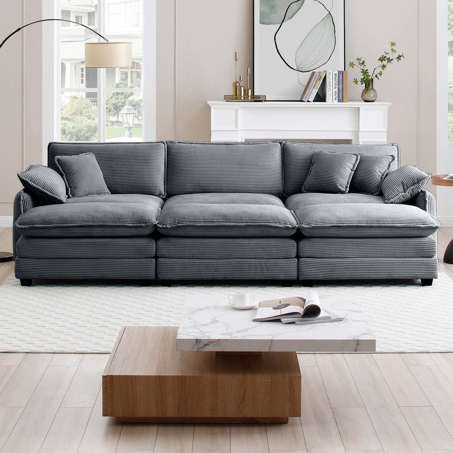 Plush grey corduroy sectional sofa with deep seats and matching pillows for ultimate comfort