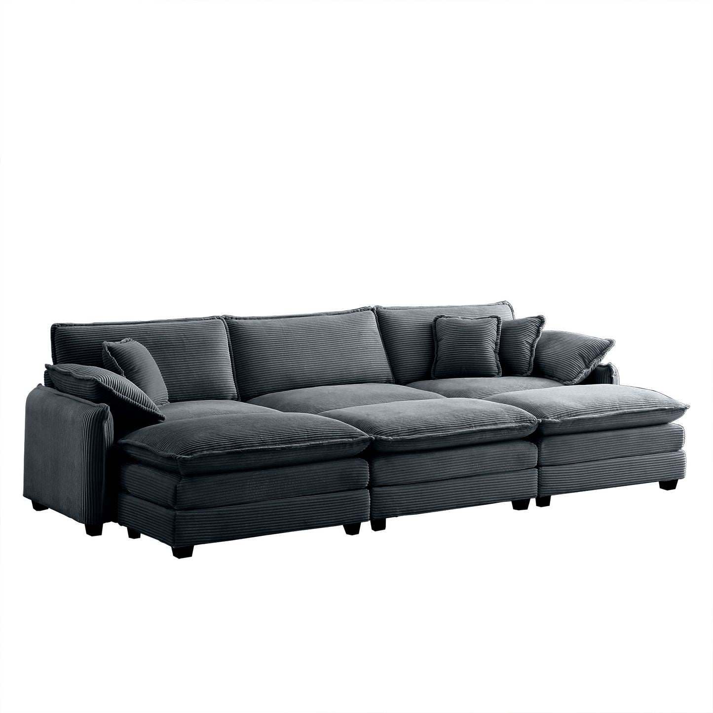 Dark gray corduroy sectional sofa with plush cushions and accent pillows