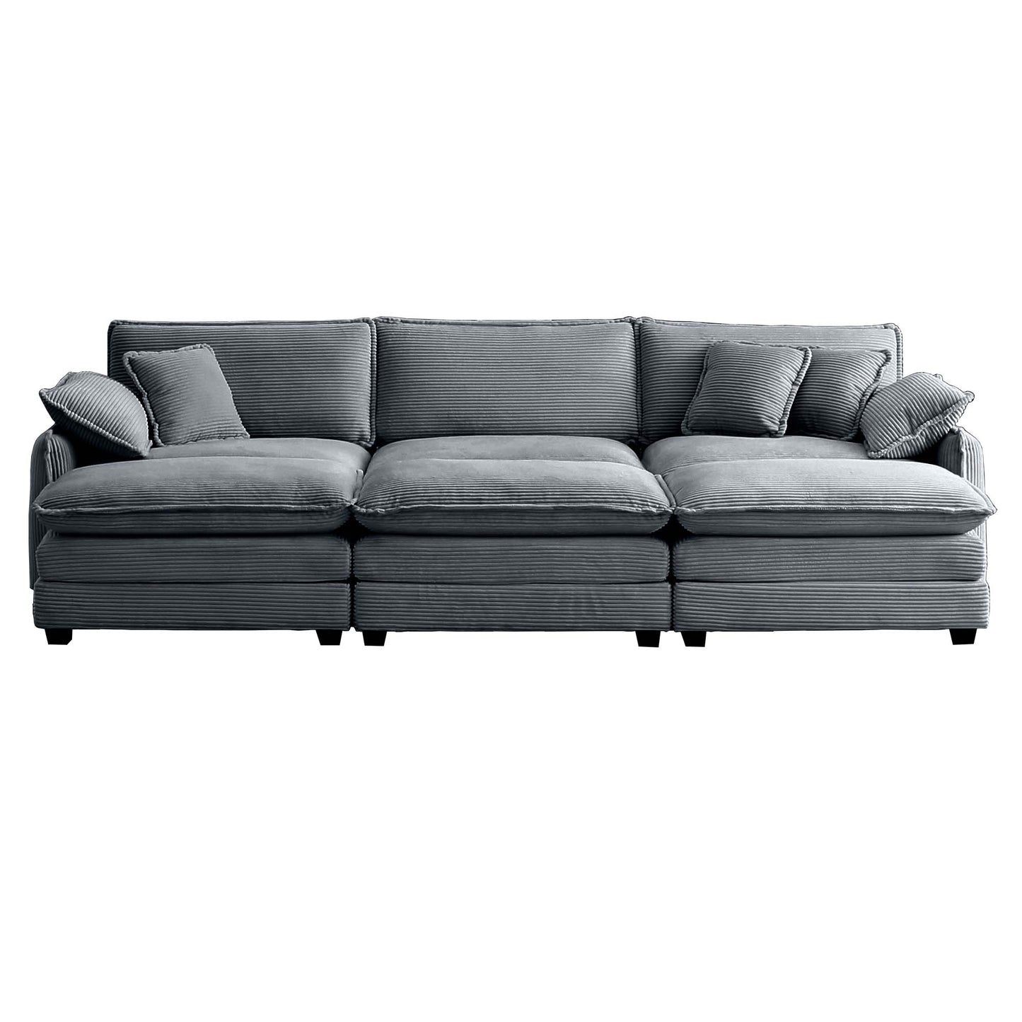 Plush grey corduroy sectional sofa with multiple seating areas and matching throw pillows