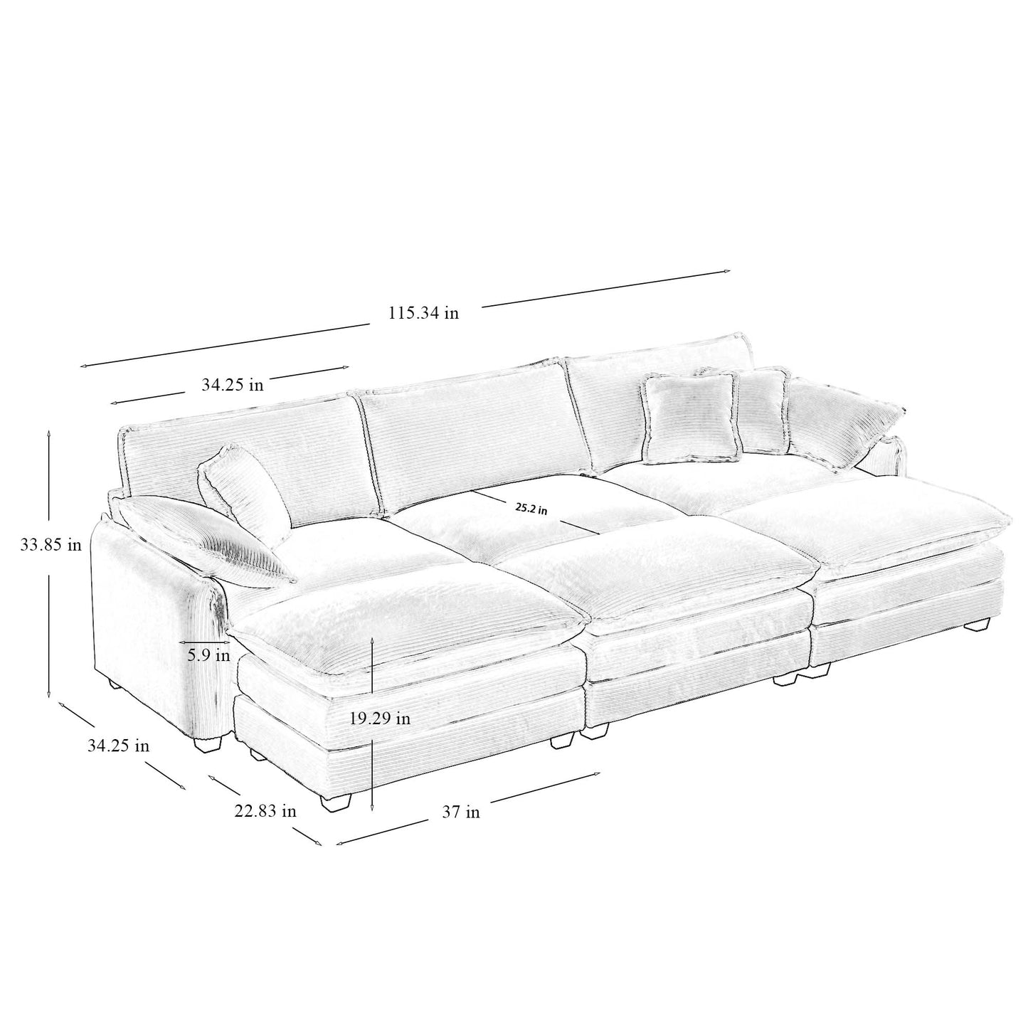 Line drawing of a large plush sectional sofa with corduroylike texture dimensions labeled