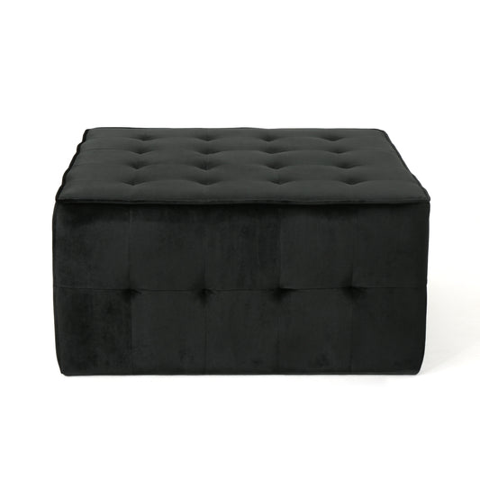 Black velvet ottoman with tufted top and sides