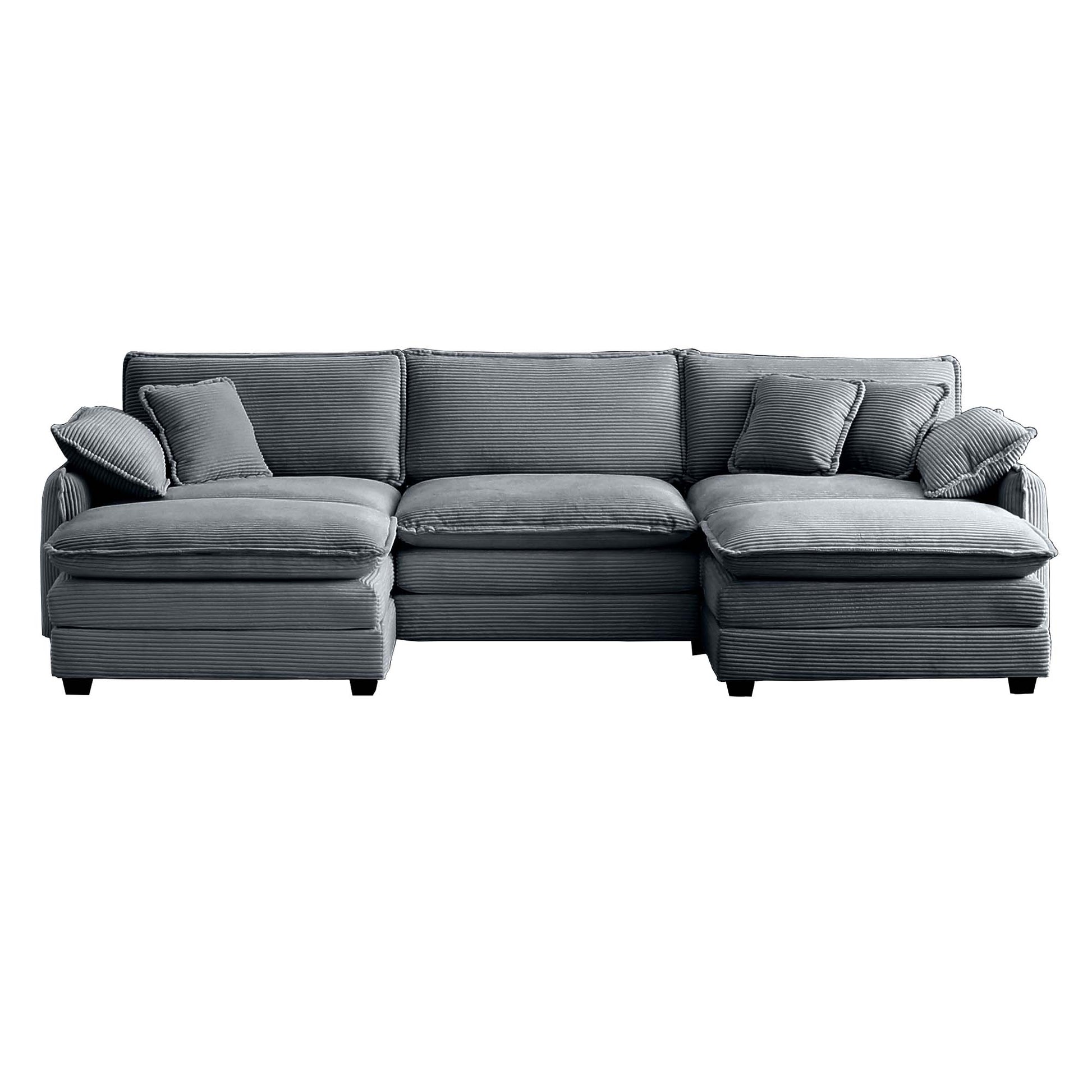 Ushaped sectional sofa in gray corduroy fabric with plush cushions perfect for family living rooms