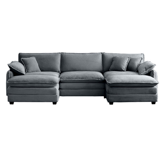Ushaped sectional sofa in gray corduroy fabric with plush cushions perfect for family living rooms