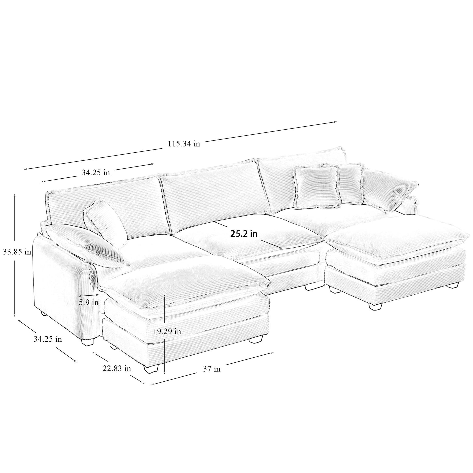 Ushaped sectional sofa with plush cushions and corduroy texture ideal for living rooms