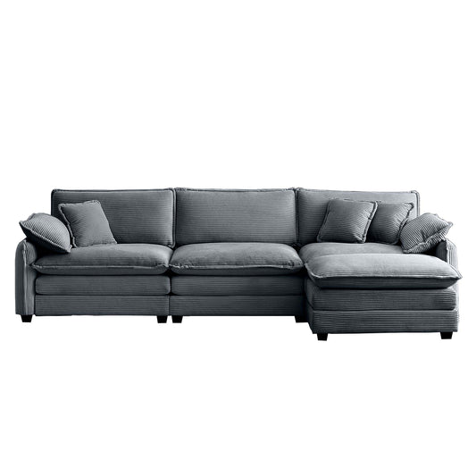 Plush grey corduroy sectional sofa with three seats and chaise lounge