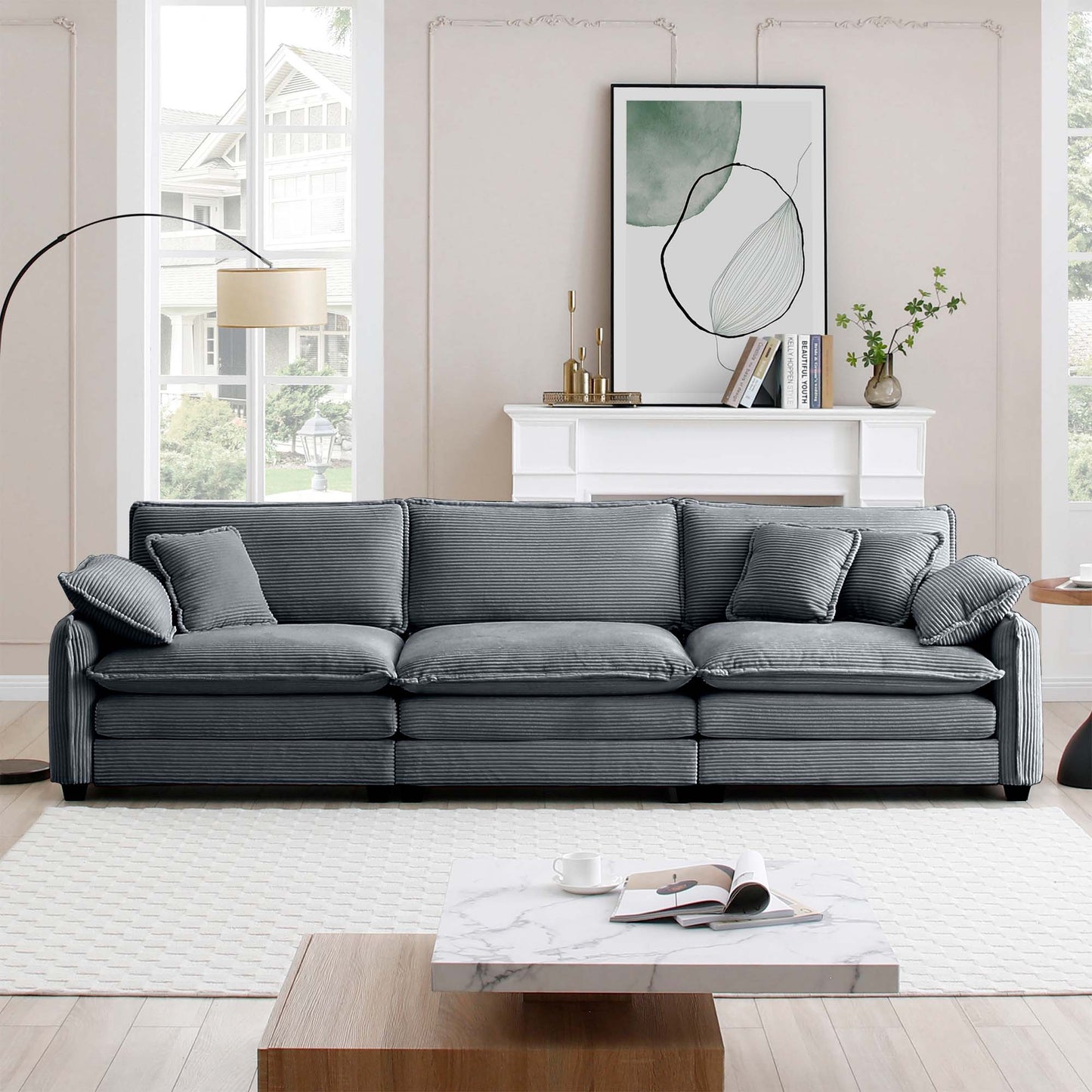 Plush grey corduroy sectional sofa with deep cushions for ultimate comfort