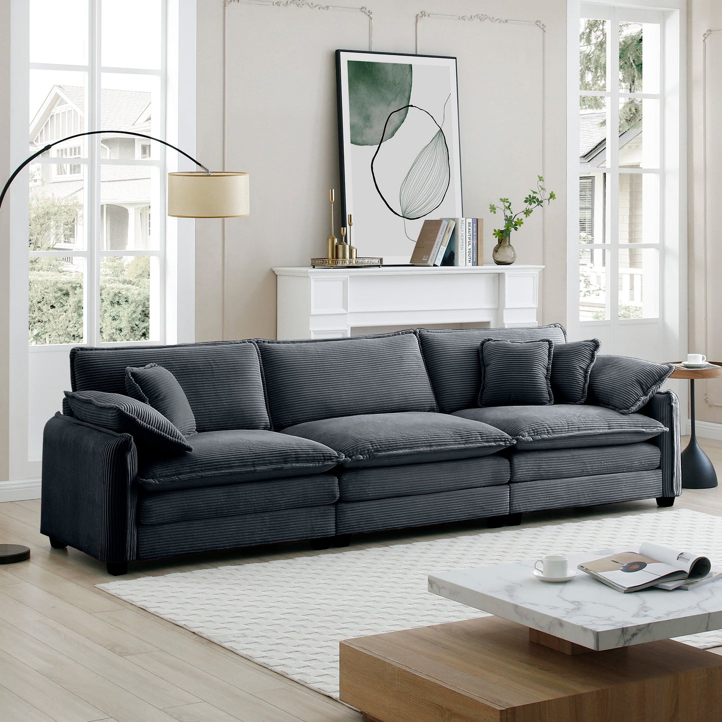Dark gray corduroy sectional sofa with plush cushions modern living room furniture