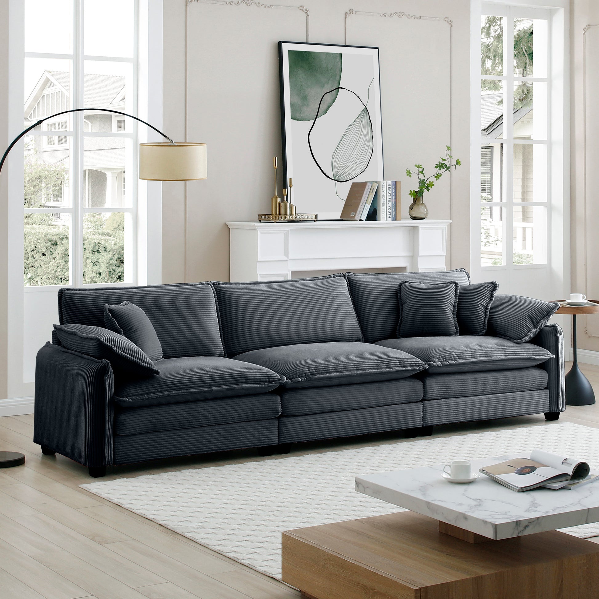 Dark gray corduroy sectional sofa with plush cushions modern living room furniture
