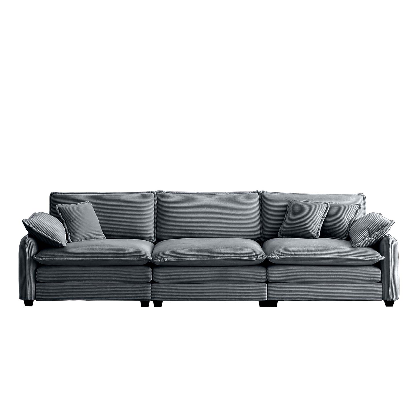 Plush grey corduroy sofa with three deep seats and matching throw pillows perfect for modern living rooms