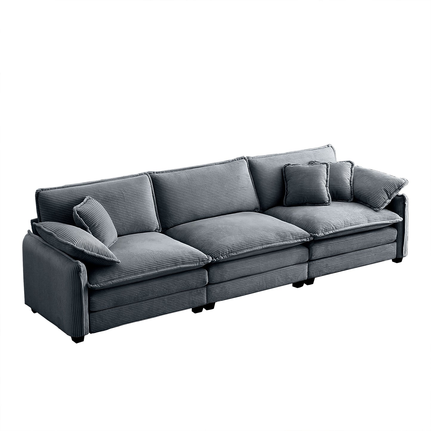 Plush gray corduroy sectional sofa with deep seats and scatter cushions