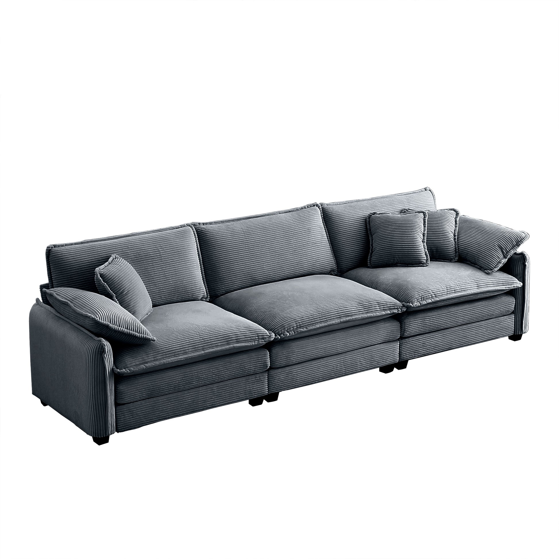Plush gray corduroy sectional sofa with deep seats and scatter cushions
