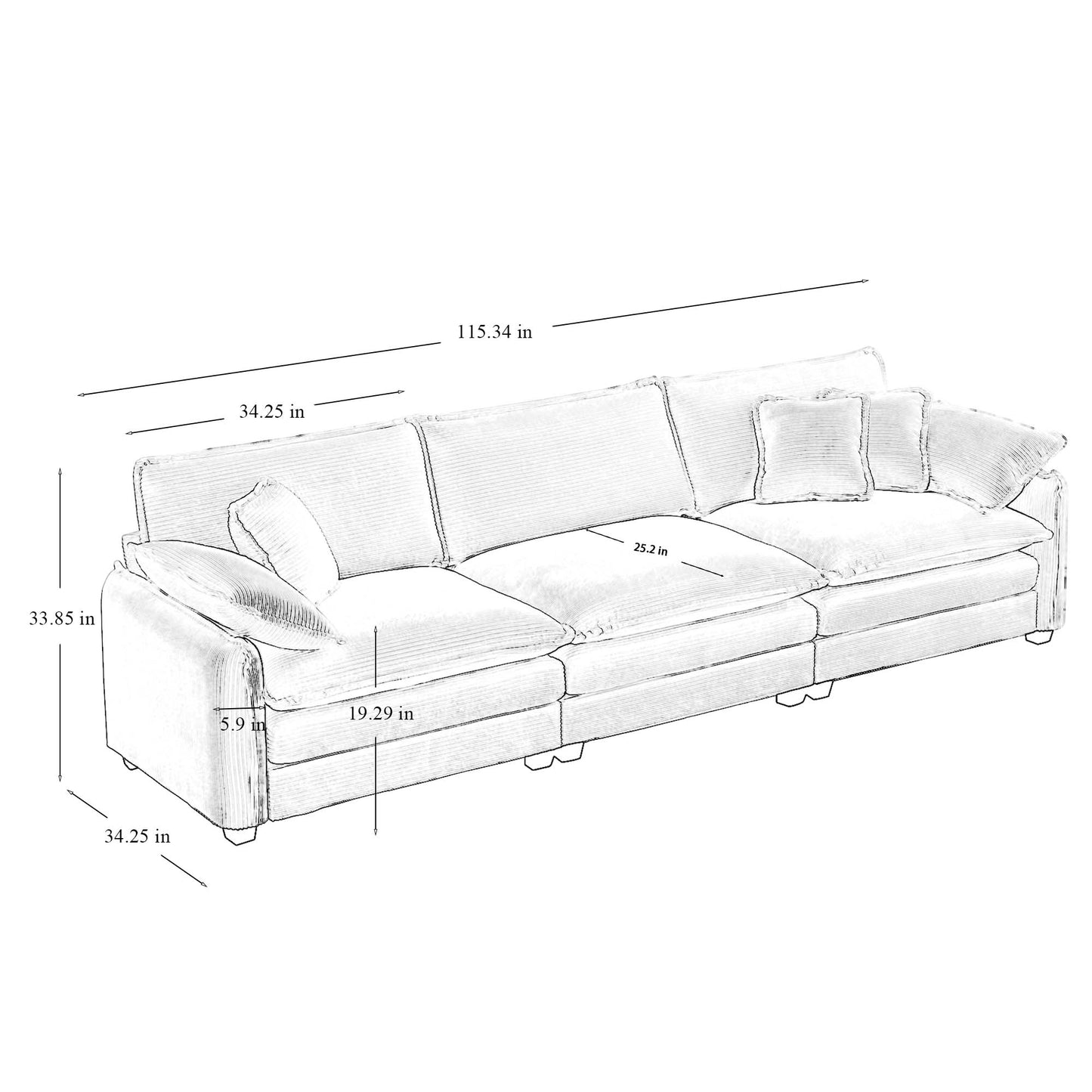 Sketch of a plush sectional sofa with corduroy texture measuring  inches long