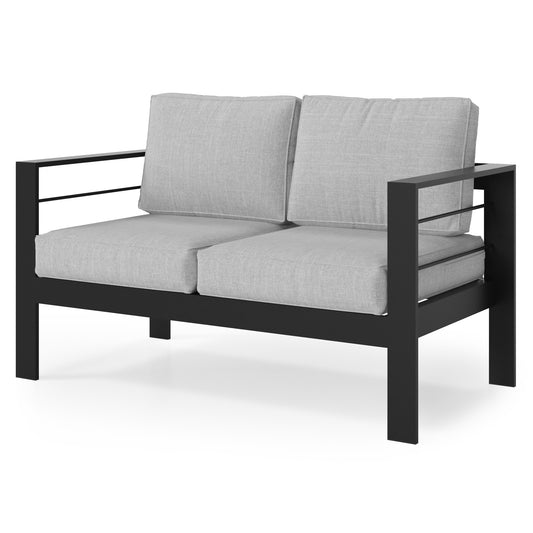 Modern grey loveseat with black metal frame perfect for outdoor patios