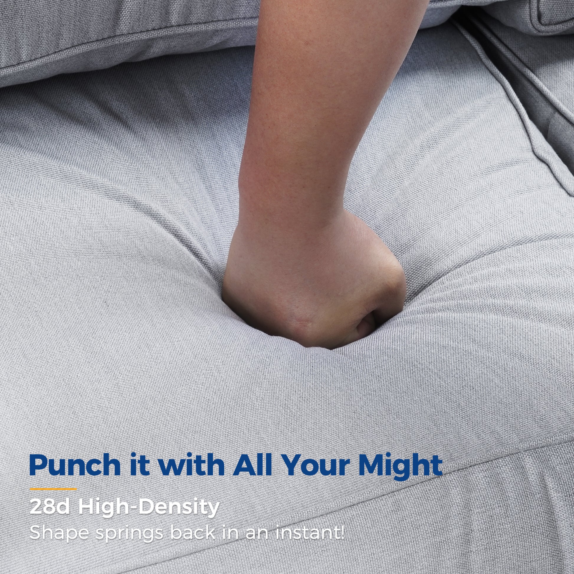 Gray fabric sofa cushion demonstrating highdensity foam resilience