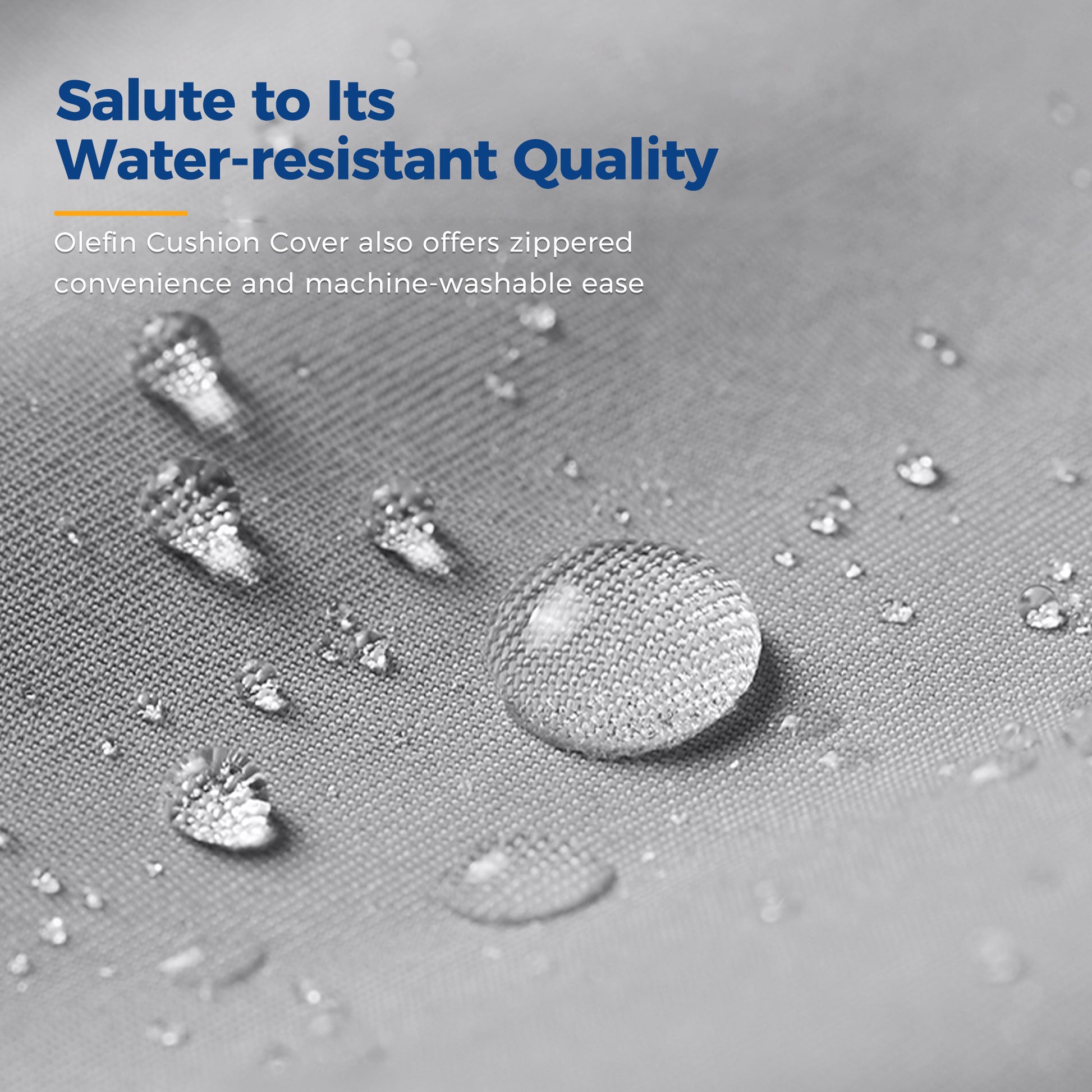 Closeup of water droplets on gray olefin fabric highlighting waterresistant quality
