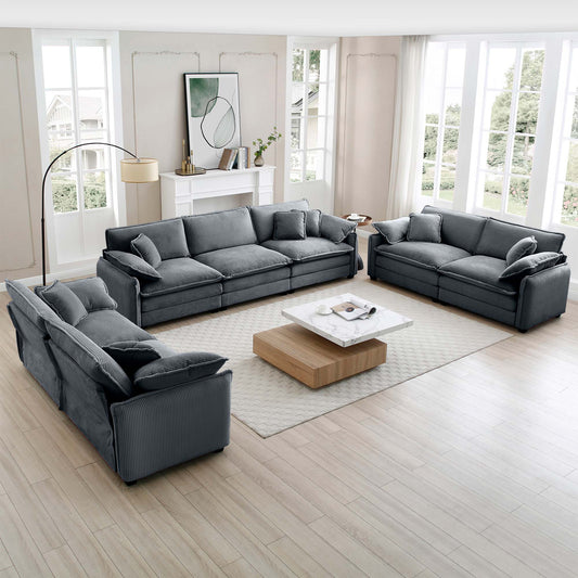 Dark grey corduroy sectional sofa with plush cushions perfect for a modern living room