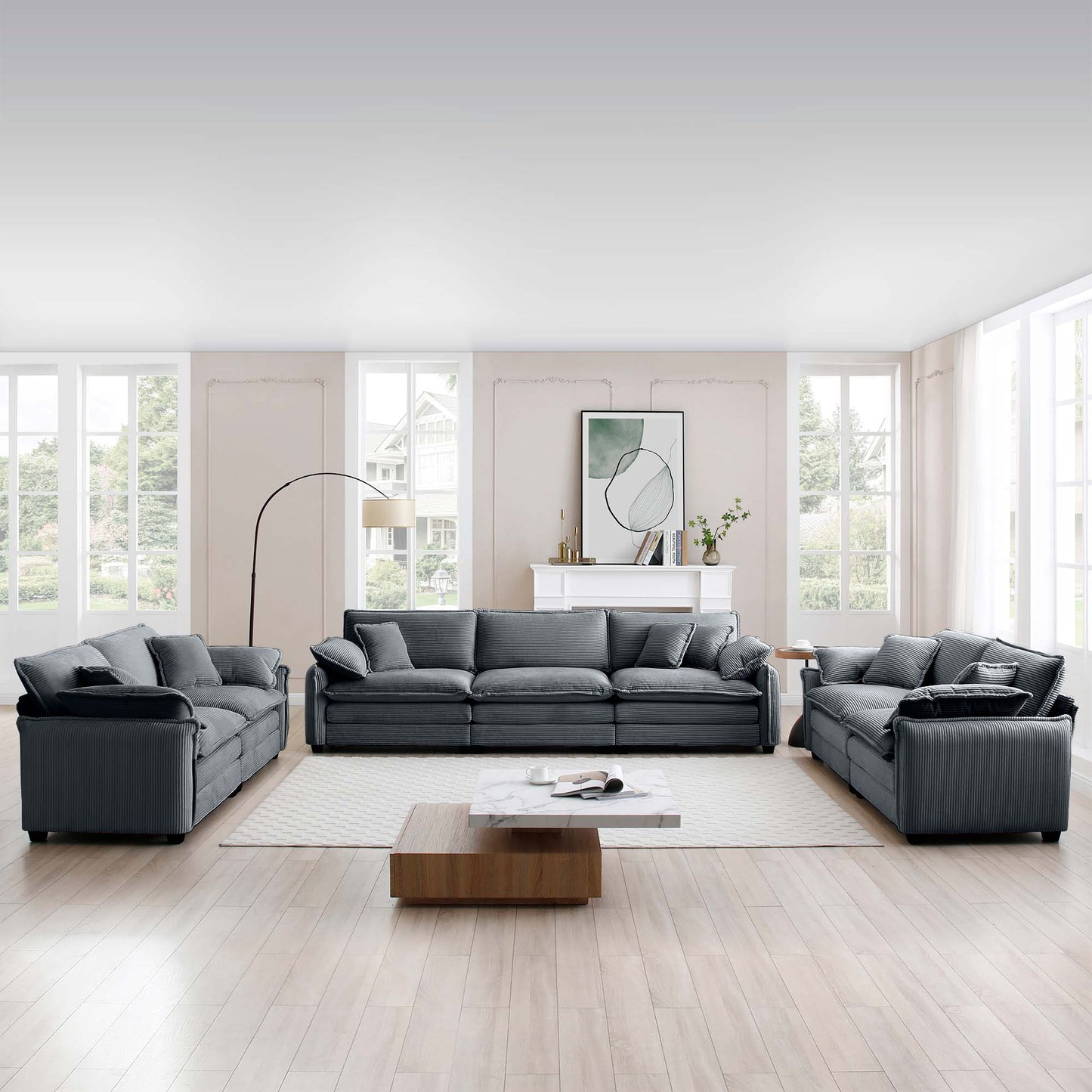 Threeseater corduroy sofa in charcoal grey perfect for a modern living room