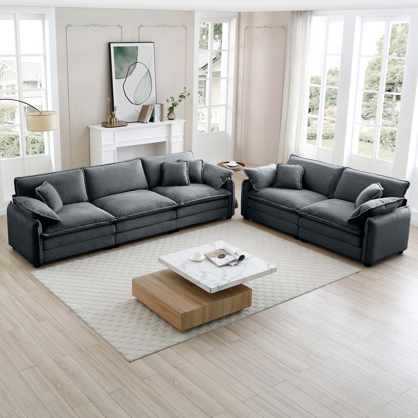 Dark gray corduroy sectional sofa with plush cushions and matching throw pillows