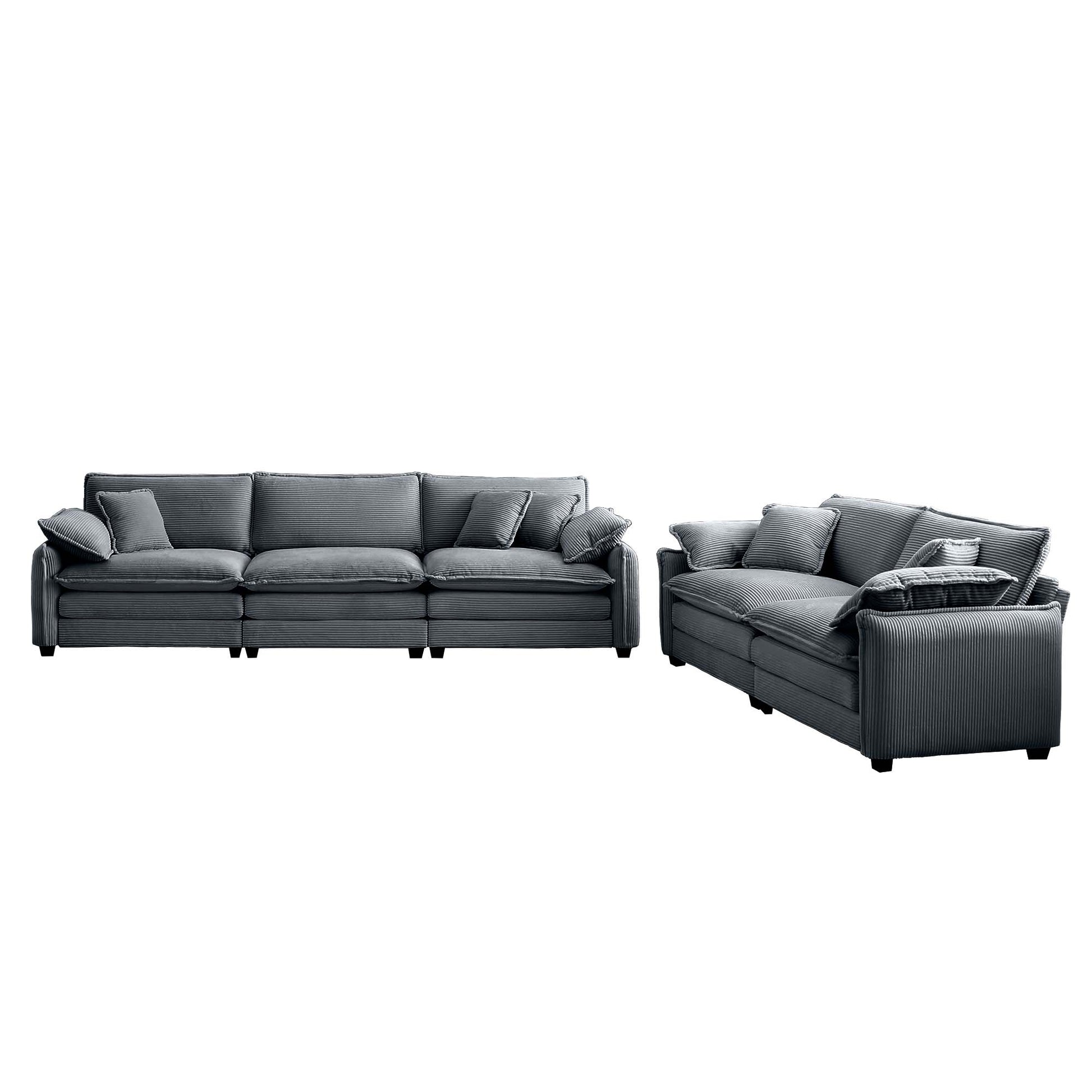 Plush grey corduroy sectional sofa with deep cushions and matching throw pillows