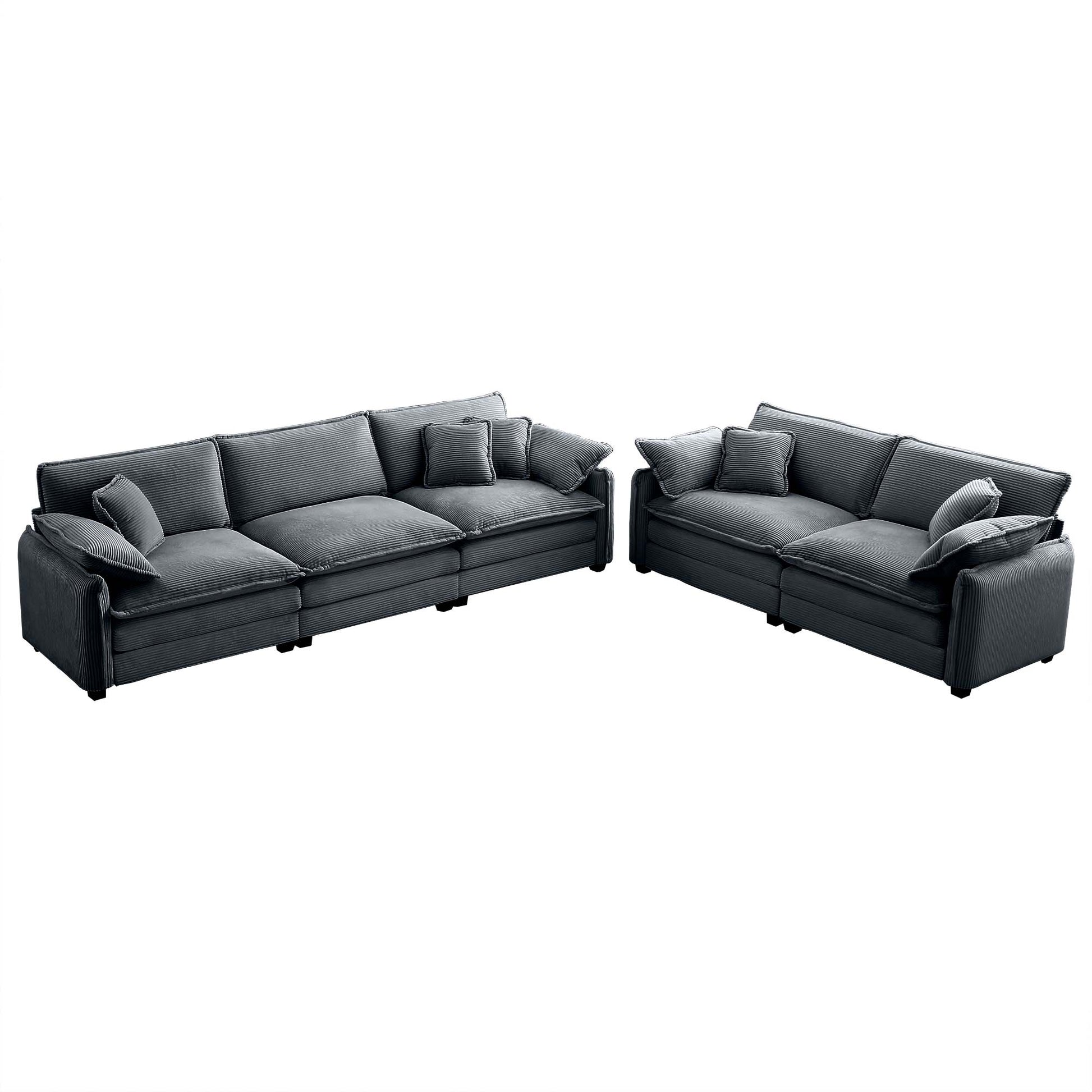 Dark gray corduroy modular sofa with plush cushions and accent pillows perfect for modern living rooms