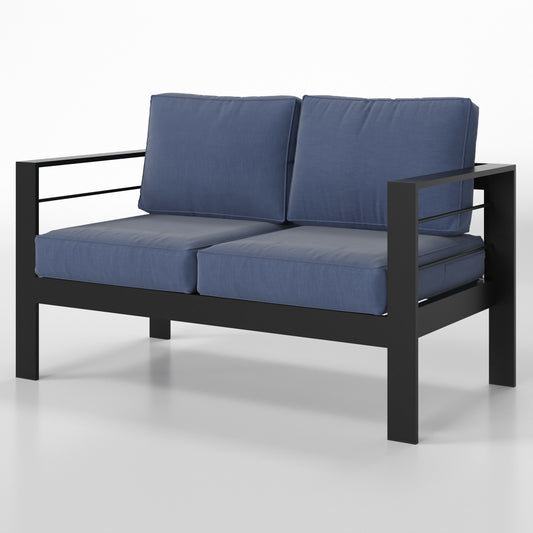 Modern black metal loveseat with deep blue cushions for outdoor patio seating