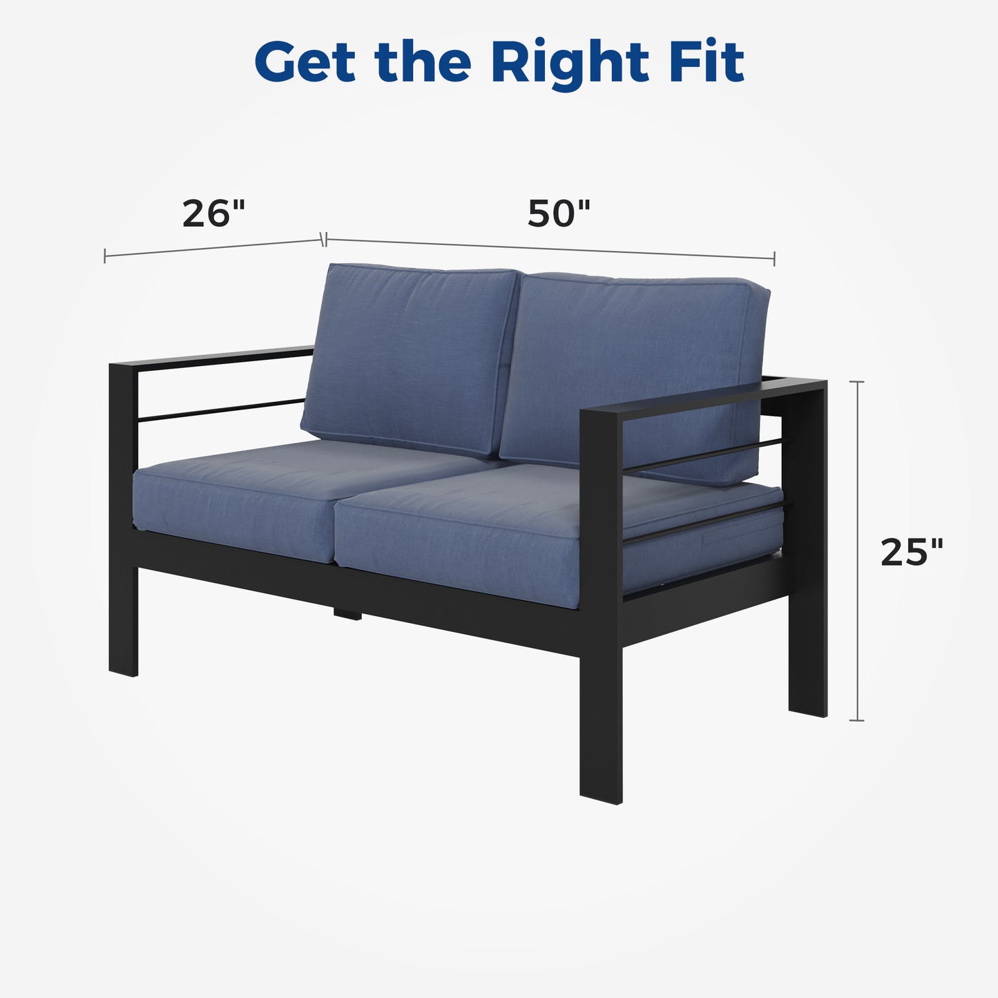 Modern loveseat with navy blue cushions and black metal frame  W x  D x  H