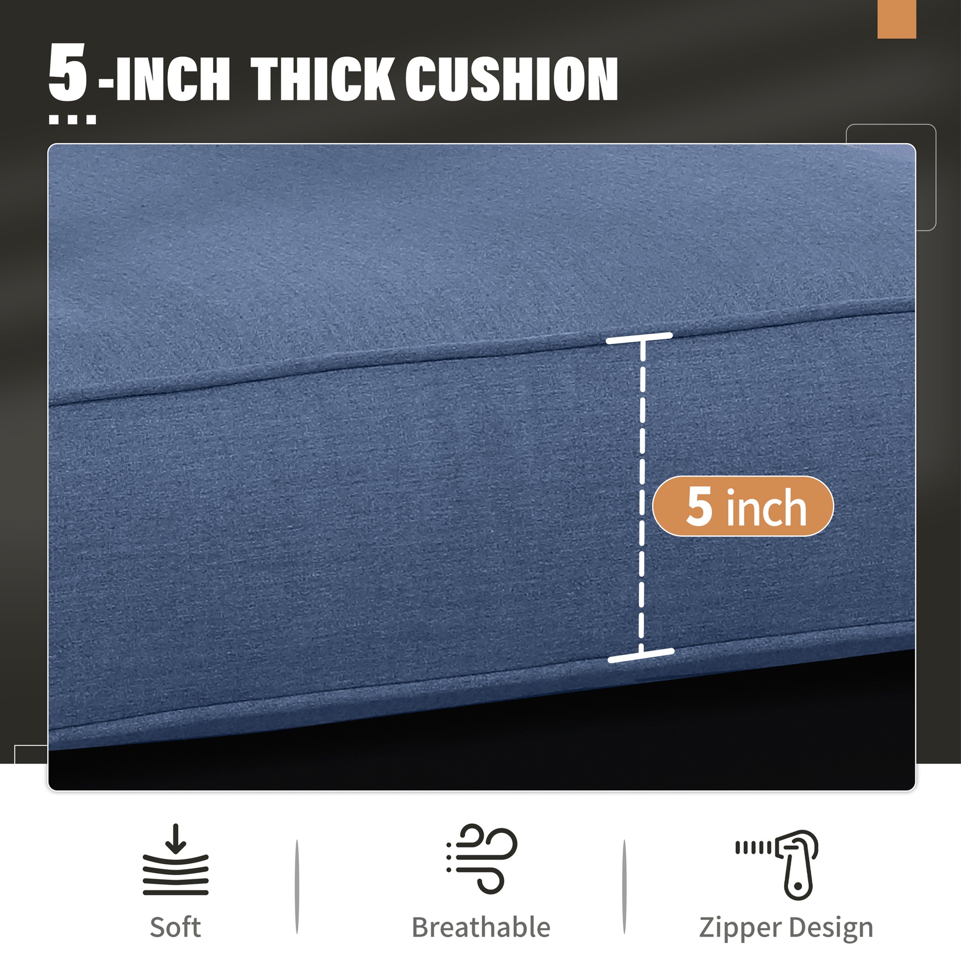 Closeup of a thick navy blue outdoor cushion inch height