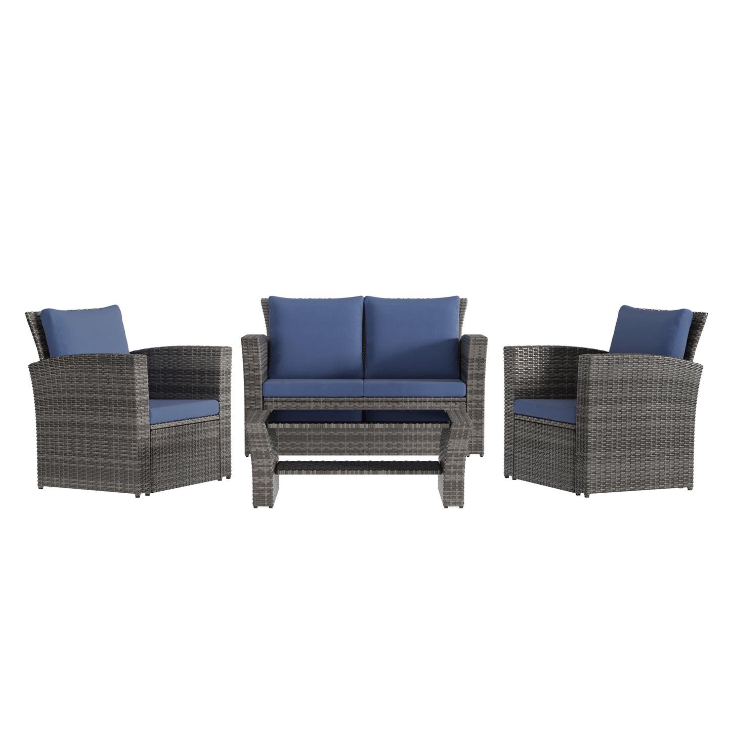 Grey wicker patio set with blue cushions includes loveseat two chairs and coffee table