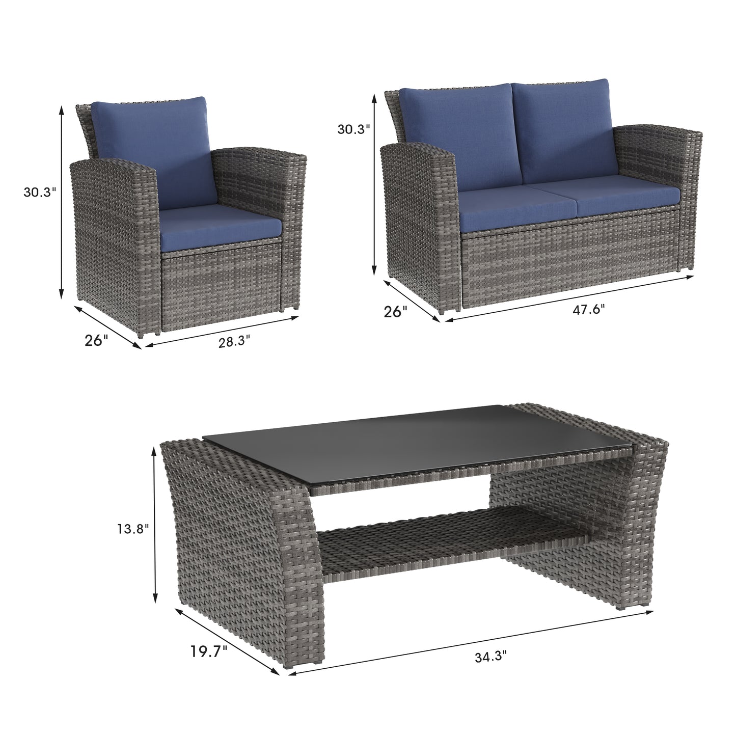 Gray wicker patio chair with blue cushion  H x  W x  D