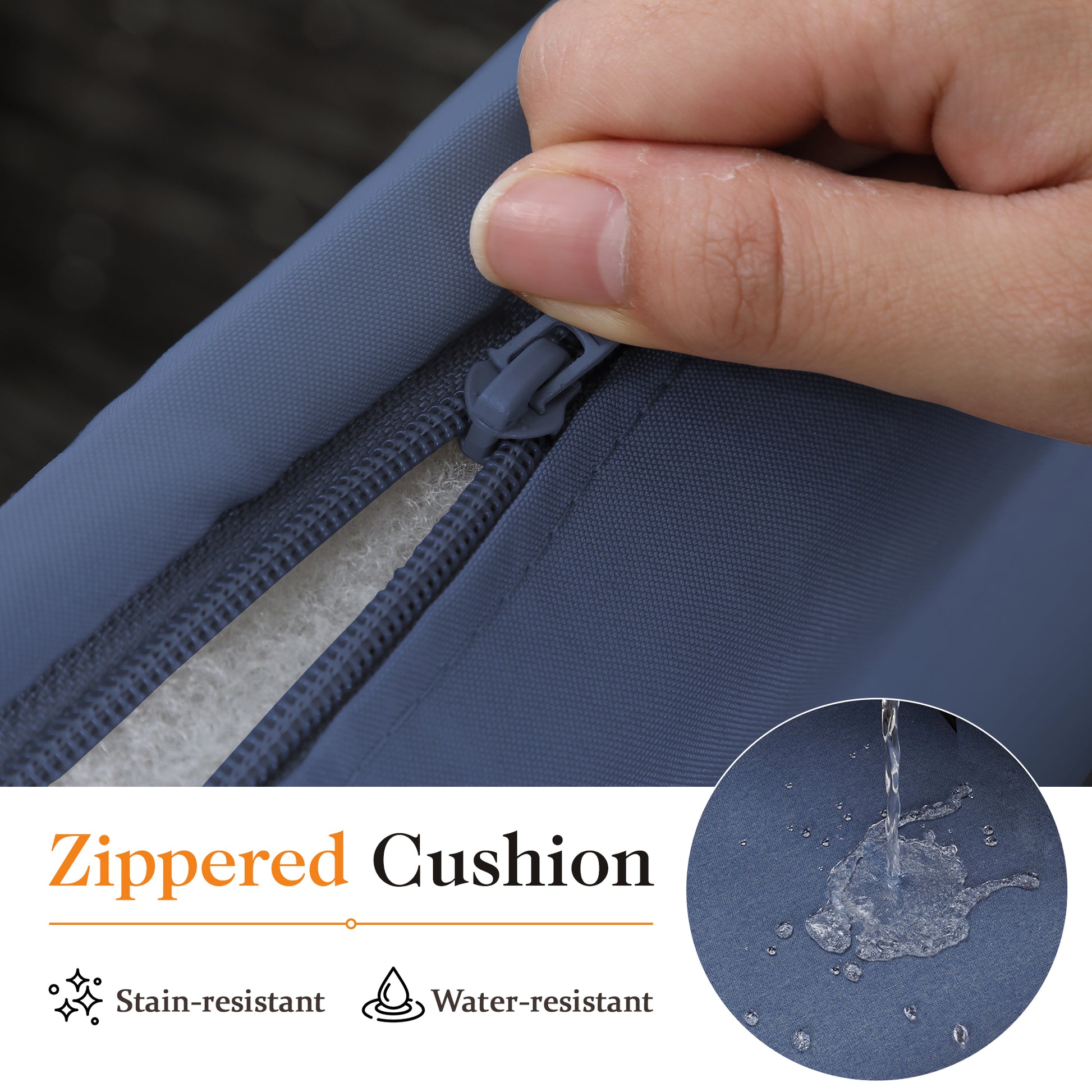 Closeup of a navy blue zippered cushion cover with a finger zipping it open