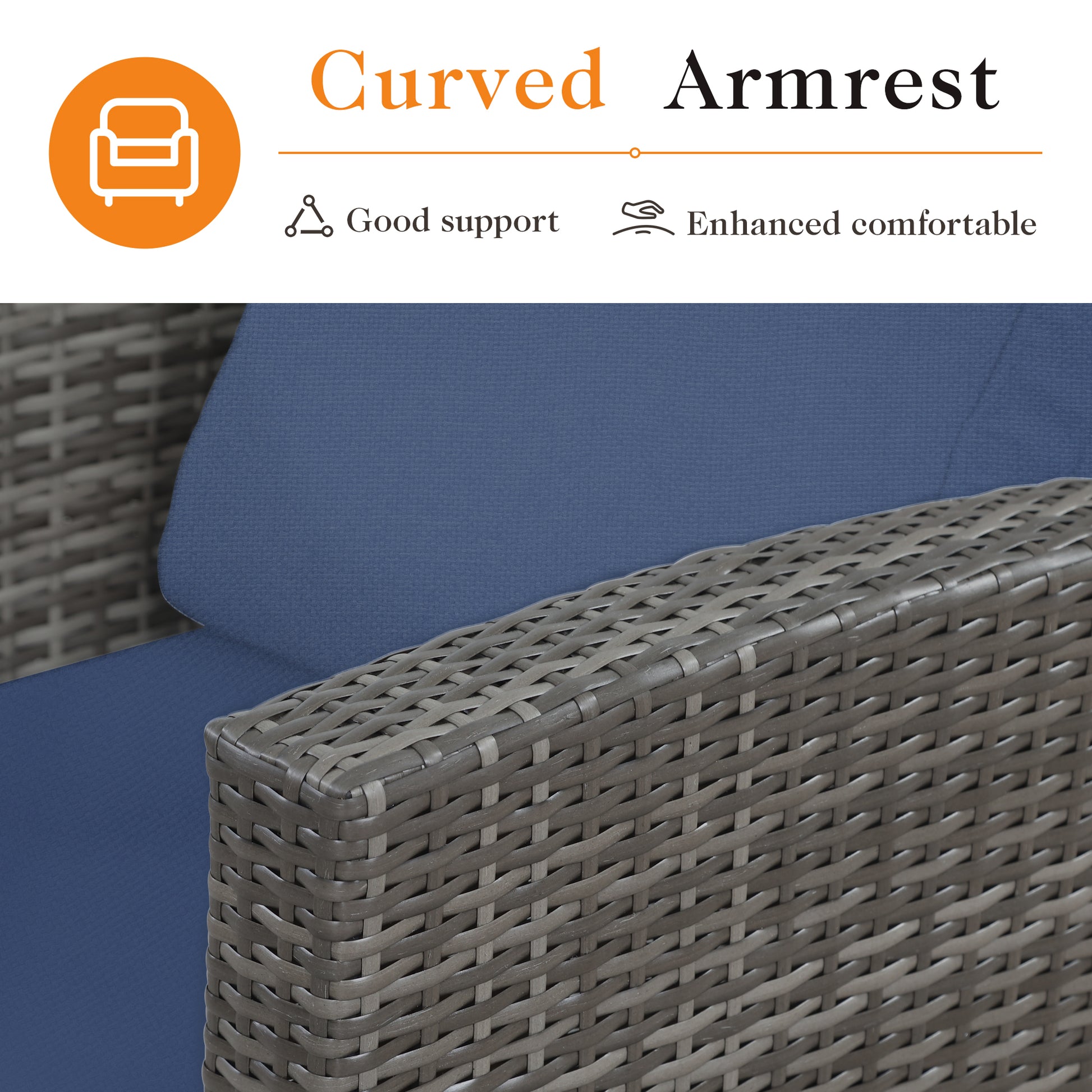 Closeup of a gray wicker armchair armrest with a navy blue cushion showcasing curved design