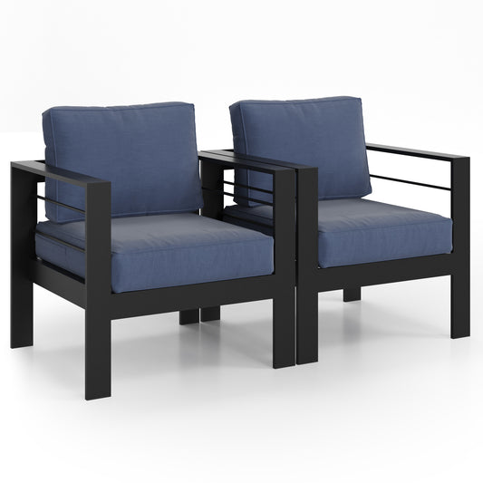Modern black aluminum outdoor chair with plush navy cushions perfect for patios